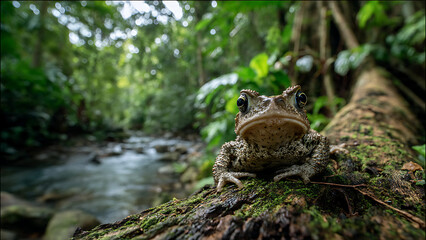 Obraz premium Frog perched on mossy log beside gentle forest stream, captured in stillness from close‑up viewpoint