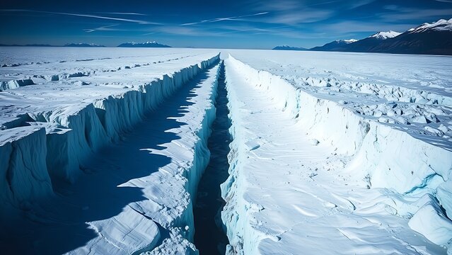 monopole. A vast glacier with a deep, dark crevasse splitting its surface, cold blue and white tones. travel magazines, destination branding, designed for outdoor magazines and nature guides.