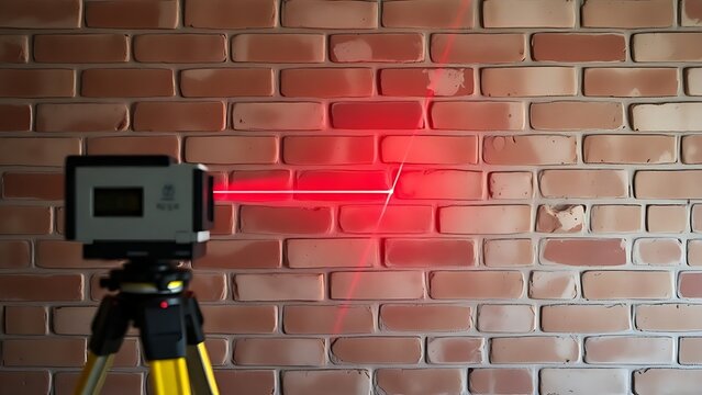 prerequisite. A red laser beam precisely aligned on an unfinished brick wall in a workshop. product launch decks, UI/UX mockups, designed for product launches and innovation pitches.