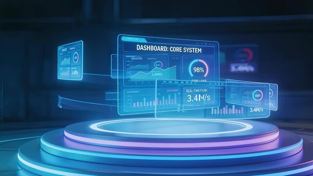 Futuristic round podium with dashboard with system data analytics