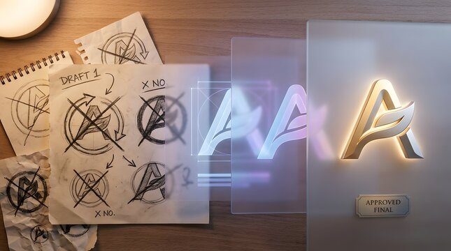 One chosen logo among crossed sketches