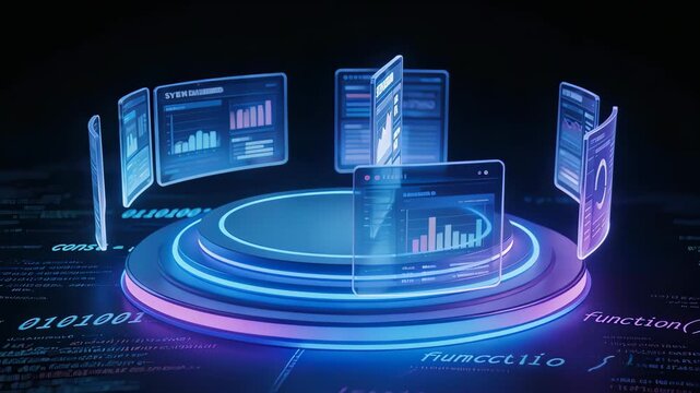 Futuristic round podium surrounded by system dashboard with data visualization
