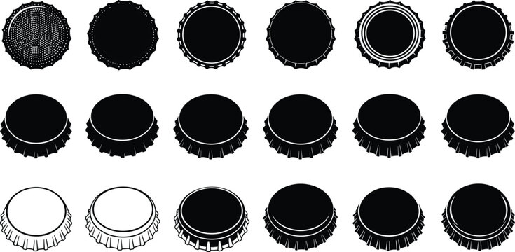 bottle, caps, metal, crown, lid, beverage, beer, soda, seal, packaging, top, design, vector, illustration, set, collection, isolated, black, shapes, icons