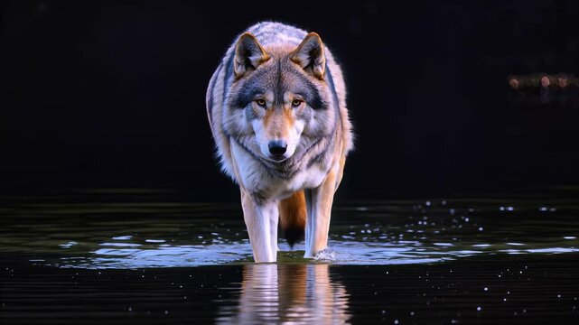 A wolf walks through water at night looking directly ahead slowly