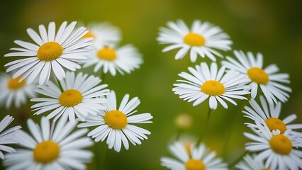 Obraz premium Close-up of fresh daisies with a soft green backdrop, natural light enhancing their delicate beauty.