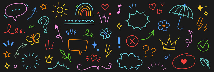 Icon cute background hand pattern drawn line flower kid element crayon. Background icon cute star child heart children cloud sketch summer cartoon school chalk text sticker paint play arrow sun color. © Максим Зайков