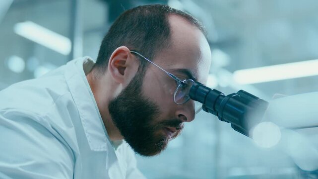 Male scientist wearing lab coat and glasses observing biological sample under microscope and taking notes during research in modern laboratory setting