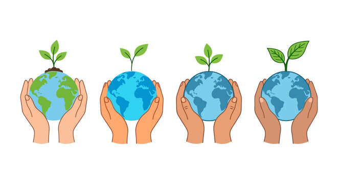 Hands cradling miniature earth globes with growing plant life