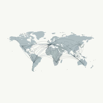 Global map with connecting lines showing interconnected travel routes between continents