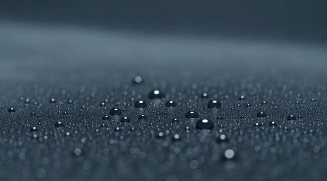Captivating close-up of shiny water droplets coalescing and reflecting light on a dark, hydrophobic surface
