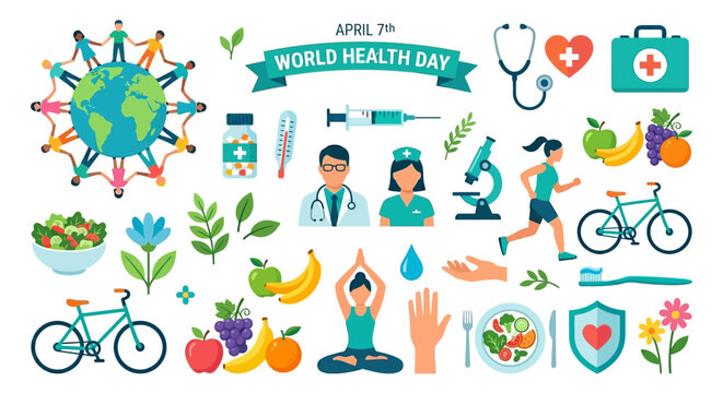 World health day illustration featuring people medical tools and healthy habits