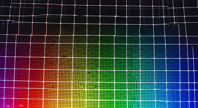 Digital television display screen featuring electronic grid pattern for broadcast studio scene with modern oled led lcd and vintage crt monitor panel technology visualization.