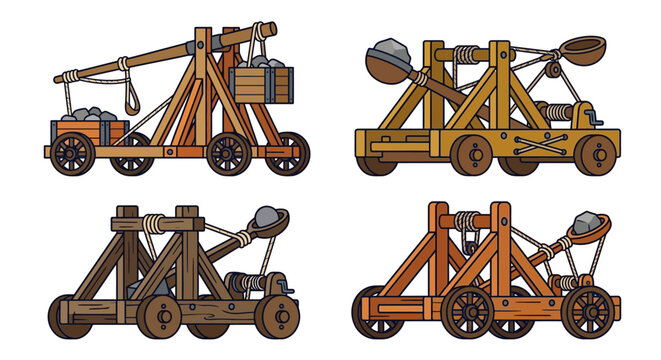 Four colorful illustrations of medieval trebuchets and siege weaponry