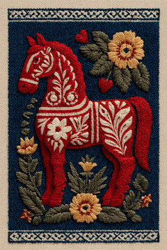Swedish folk art illustration featuring a horse and birds with kurbits floral patterns. Traditional Scandinavian red and blue design.