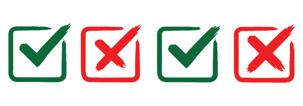 Grunge vector checkmark and cross. Grunge green check mark and red cross mark icon set. brush correct or incorrect sign with circle