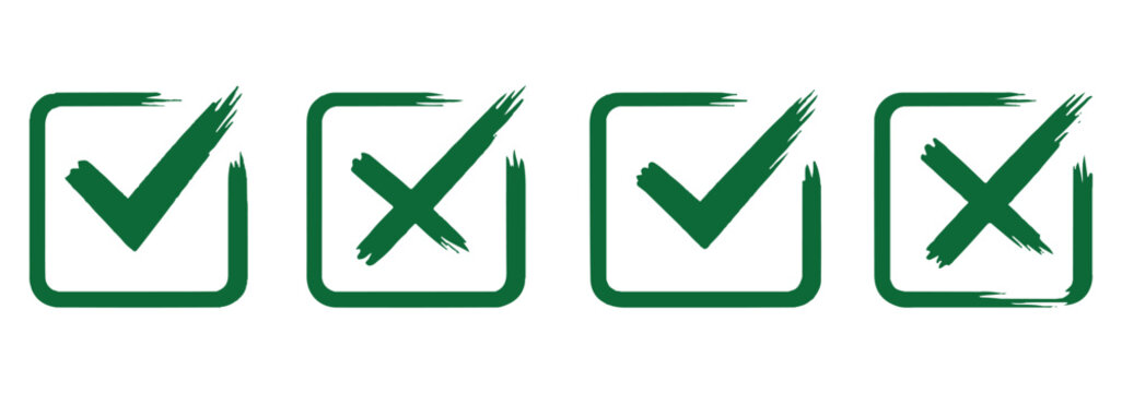 Grunge vector checkmark and cross. Grunge green check mark and red cross mark icon set. brush correct or incorrect sign with circle