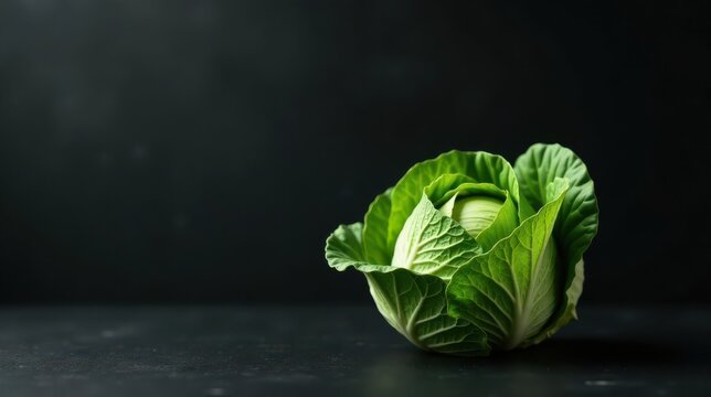 A vibrant green cabbage rests on a dark surface, showcasing its fresh, crisp leaves and healthy appearance.