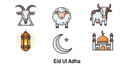 Obraz premium Eid Ul Adha celebration icons set with mosque goat sheep and lantern in flat illustration for religious holiday
