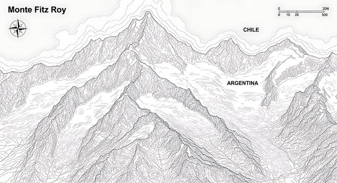 Detailed topographic contour map of Monte Fitz Roy showing rugged mountain elevation terrain within Patagonia across Argentina and Chile border with precise geographic altitude isoline vectors.