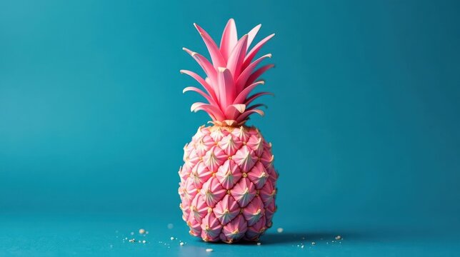 A whimsical pink pineapple confection, artistically arranged against a vibrant teal backdrop, presents a delightful visual feast for the eyes.