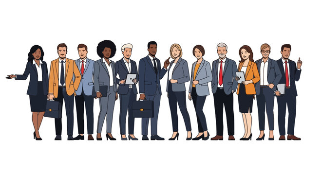 Diverse group of business professionals and corporate team standing together in formal attire