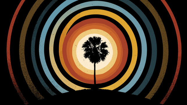 Silhouette of a tree against a backdrop of concentric, retro-style colored circles