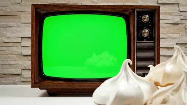 Vintage wooden television with green screen next to white meringue desserts on a table.