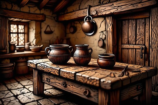 Rustic Kitchen Interior with Pottery on Wooden Table