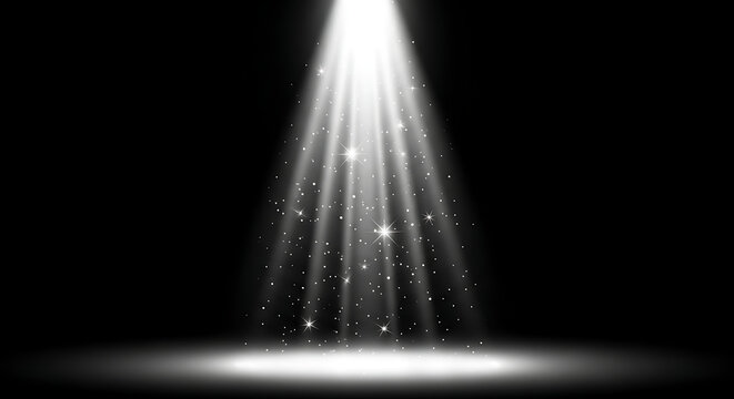 Luminous spotlight overlay effect illuminating dark stage for theater presentation and cinematic miracle show with bright white light beam in black cosmic space background scene