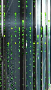 Vertical video: Tech rack panels receiving data showing green binary streams revealing mesh handle