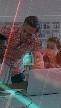 Vertical video: Tutor leaning over laptop and pointing, teaching while neon grid crossing faces