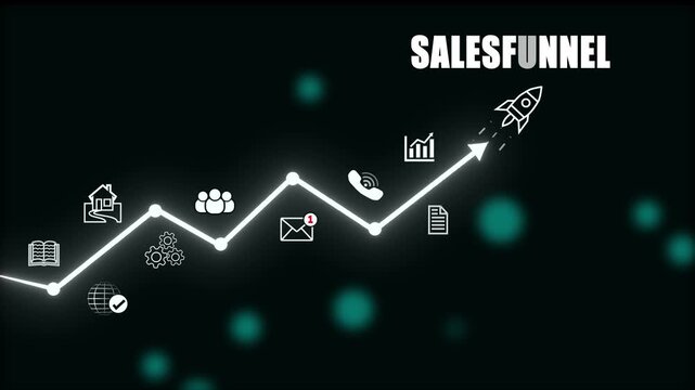 Business growth chart with icons representing home, people, gears, book, globe, email, and phone graph