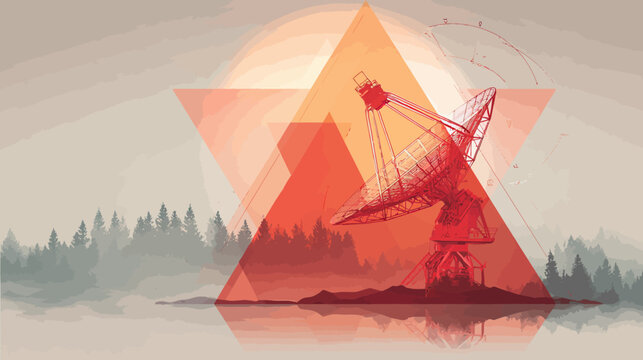 Stylized, geometric landscape features a radio telescope, forest, and reflections, all layered with a sunset palette