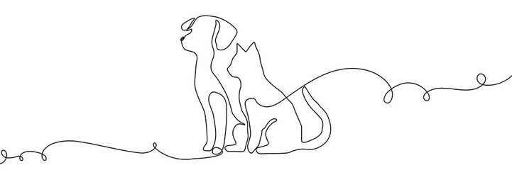 Continuous one line dog cat pet art logo animal outline puppy illustration. Sketch one line dog cat icon love doodle silhouette paw drawing kitten background linear design one sit graphic stroke vet. © Максим Зайков