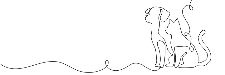 Continuous one line dog cat pet art logo animal outline puppy illustration. Sketch one line dog cat icon love doodle silhouette paw drawing kitten background linear design one sit graphic stroke vet. © Максим Зайков