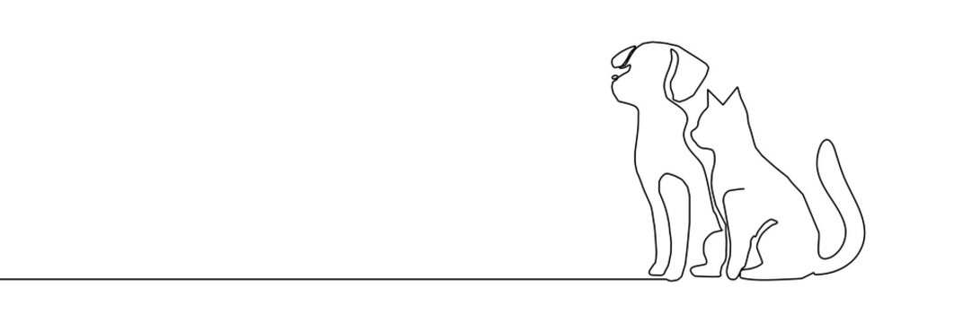 Continuous one line dog cat pet art logo animal outline puppy illustration. Sketch one line dog cat icon love doodle silhouette paw drawing kitten background linear design one sit graphic stroke vet.