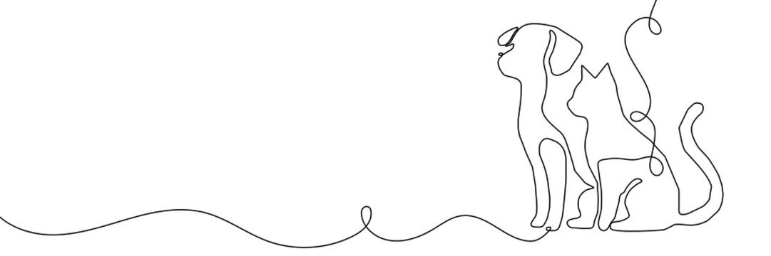 Continuous one line dog cat pet art logo animal outline puppy illustration. Sketch one line dog cat icon love doodle silhouette paw drawing kitten background linear design one sit graphic stroke vet.