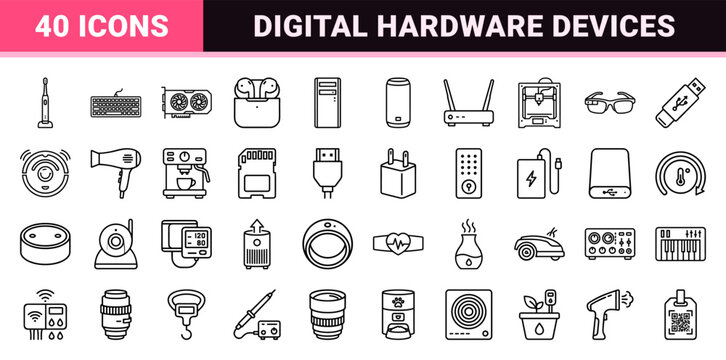 Minimalist Monoline Consumer Electronics Icon Set featuring Modern Hardware and Smart Home Gadgets in a Sophisticated Geometric Line Art Style.