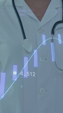 Vertical video: Dr with steth smiling while camera panning up, HUD showing bars and wave for health
