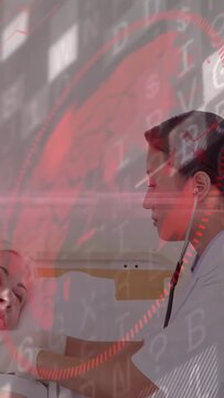 Vertical video: Nurse using stethoscope causing red overlay, patient watching for medical check