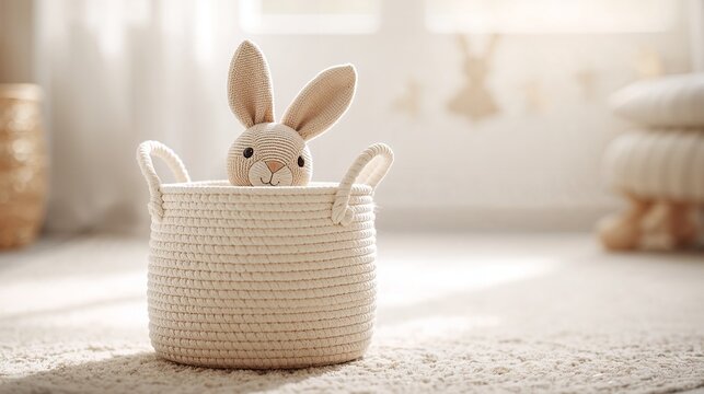 Plush rabbit toy peeking out from woven storage basket indoors  