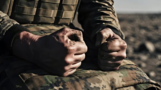 Soldier's hands clenching into fists in camouflage uniform, intense determination and resilience concept, military training focus, mental strength visualization