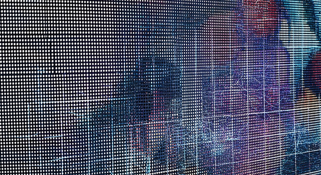 Luminous LED digital screen background with vibrant RGB SMD pixels and detailed LCD grid texture showing electronic display pattern for stage production backdrop and technology visuals.
