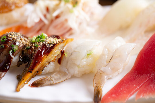 Different types of sushi on a plate