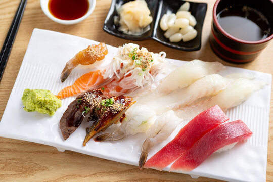 Different types of sushi on a plate