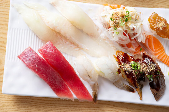 Different types of sushi on a plate