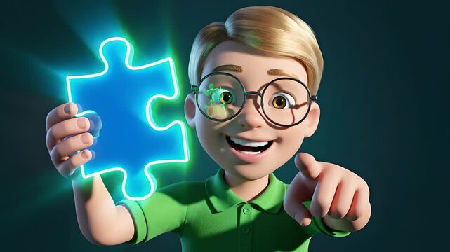 3D cartoon boy solves puzzle problem, represents insight and mental clarity in therapy or education contexts