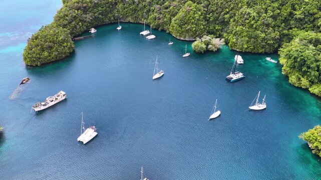Aerial View of Catamarans and Yachts Anchored in Palau Lagoon