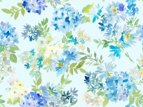 Watercolor blue floral seamless pattern with abstract hand painted hydrangea and wild flowers for fabric, home decor and surface design. Modern botanical wall paper.