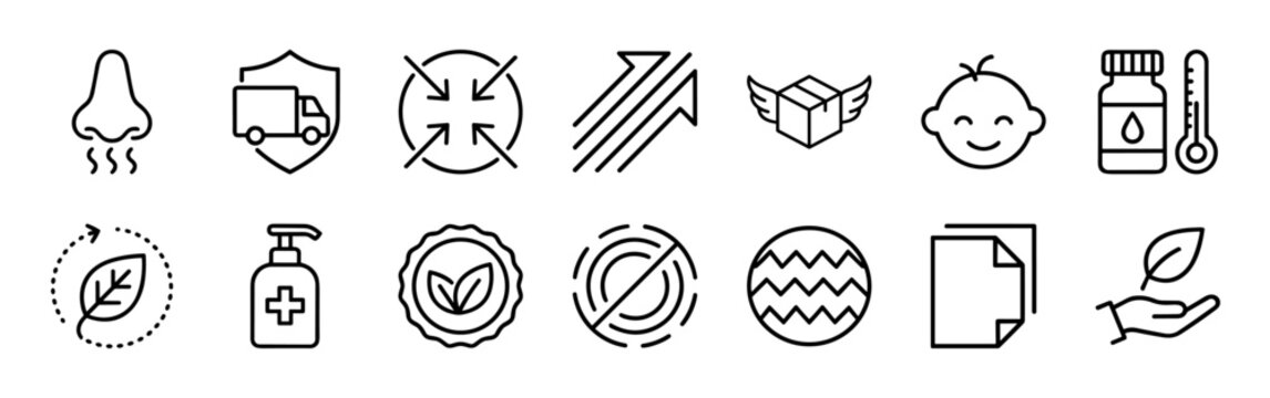 Professional Packaging Features and Industrial Compliance Mono-line Symbols for Sustainable Manufacturing and Commercial Shipping Quality Standards.